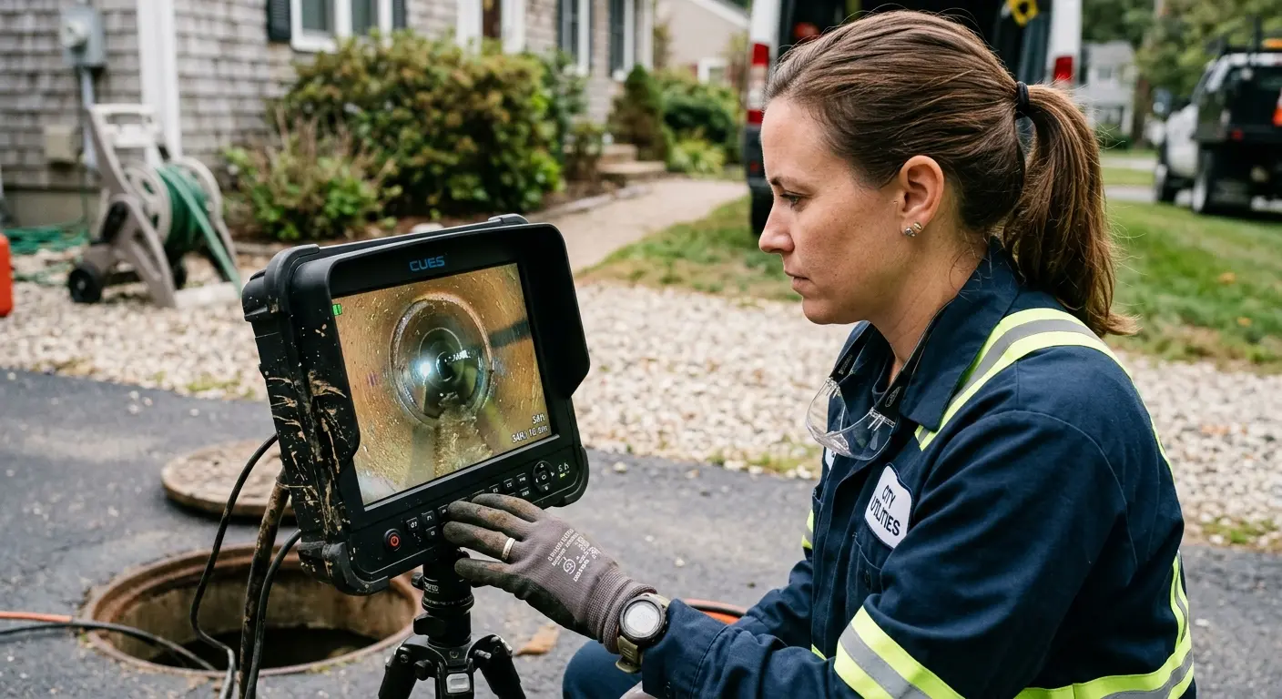 Technician reviewing sewer camera inspection footage in Brookville