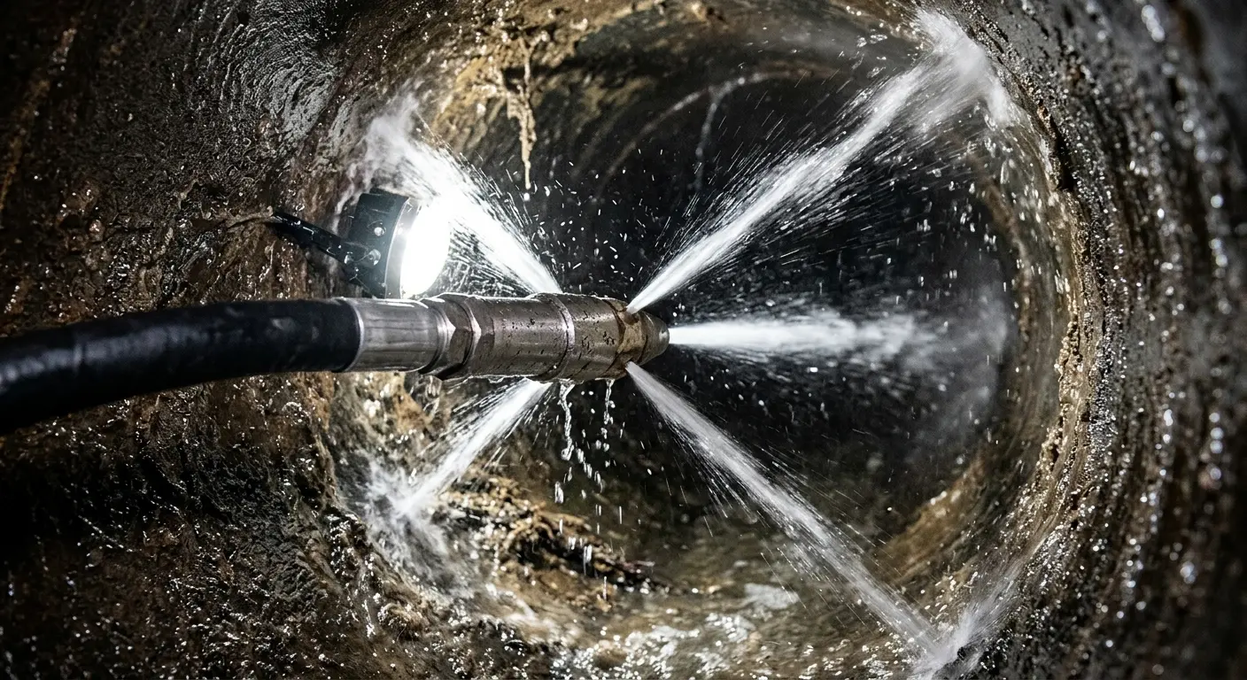 High-pressure hydro jetting nozzle cleaning sewer pipe for Trenchless Sewer Repair in Brookville