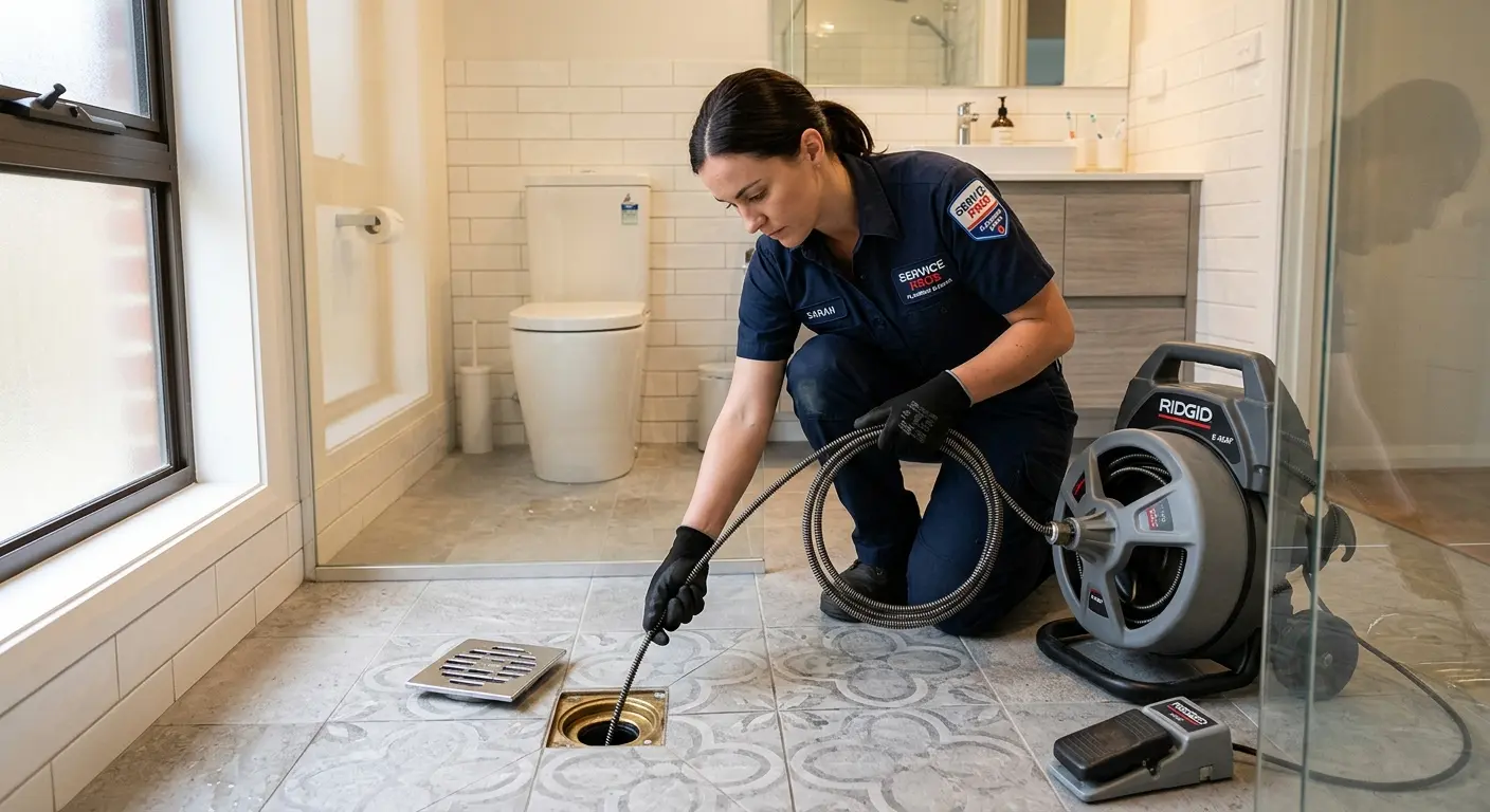 Technician clearing a bathroom floor drain for Sewer Line Installation in Brookville